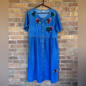 VTG Haiks Denim Midi Dress Hand Painted Hearts Sewing Modest Country Grandma L